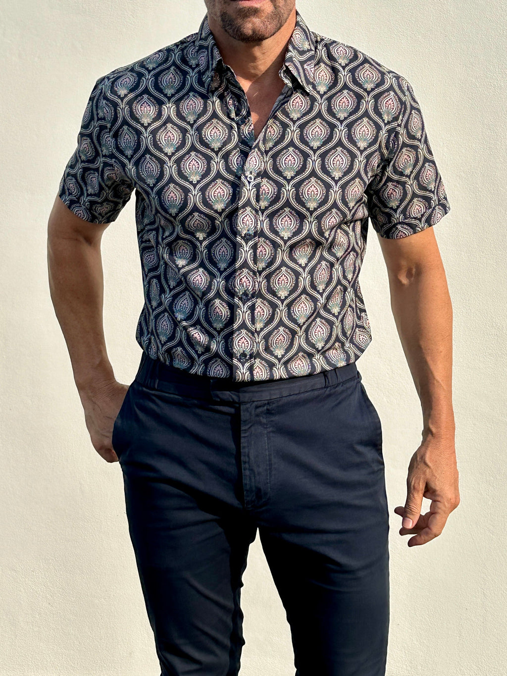 Short Sleeve Ornate Party Shirt - Midnight Blue