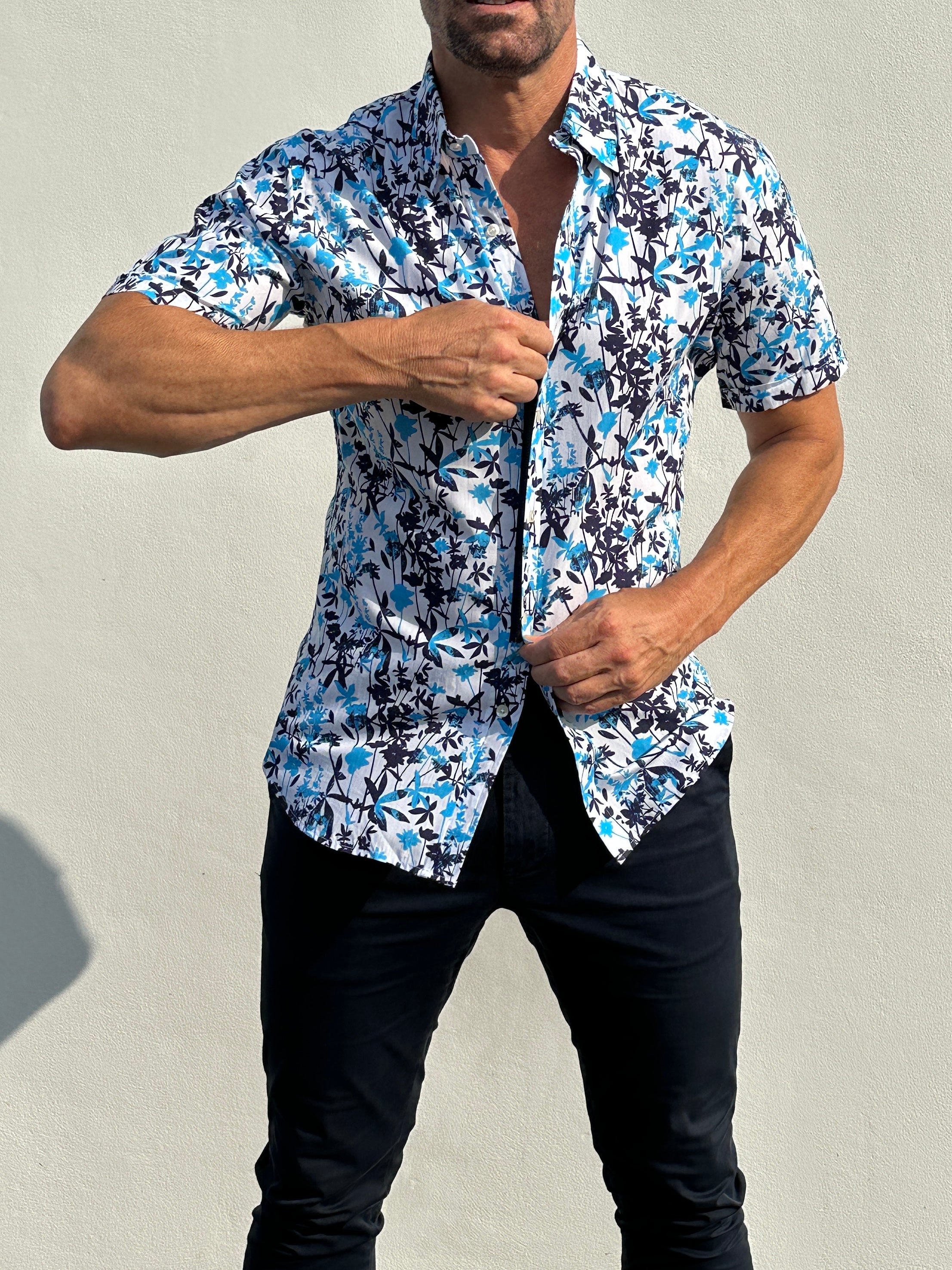 Bamboo Print on Cotton - Aqua & Navy