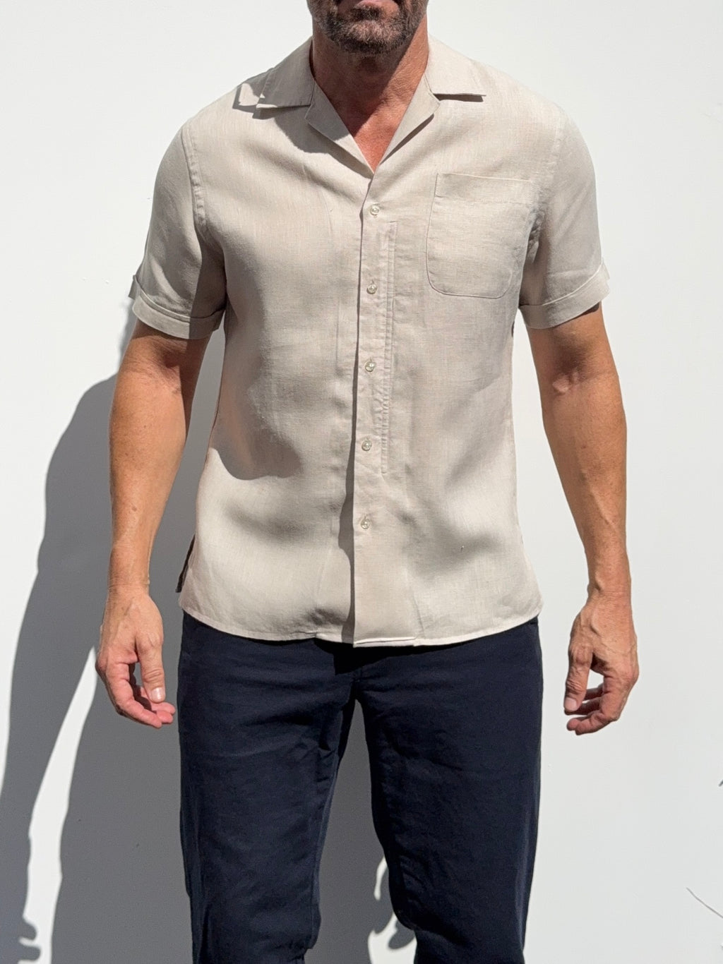 Linen Camp Collar Shirt - Stone- Small Batch #680