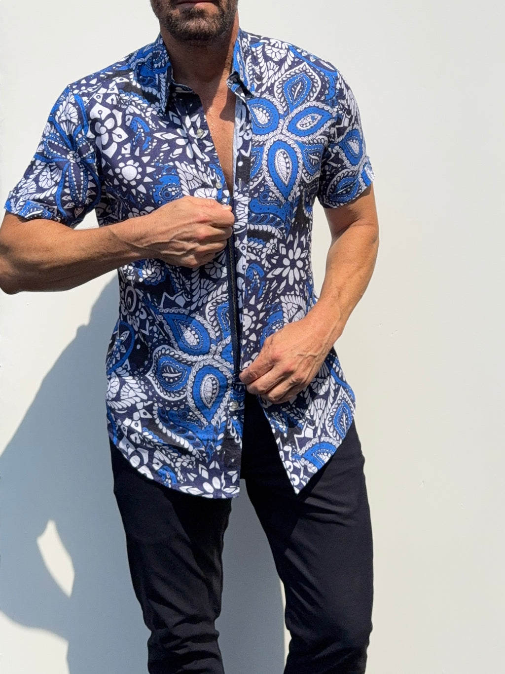 Blue Paisley Party Shirt on Linen- Small Batch #686