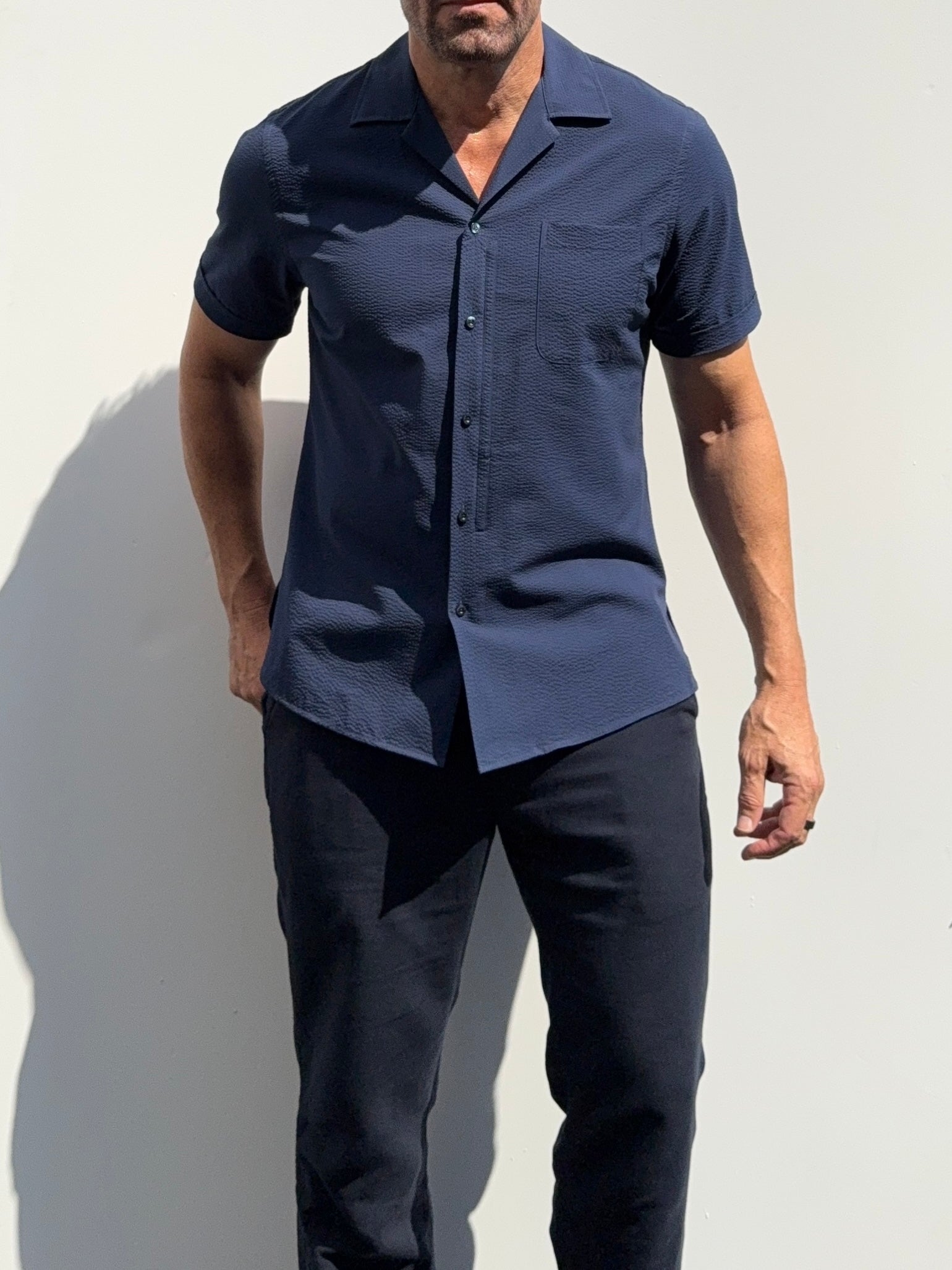 Seersucker Camp Collar- Navy - Small Batch #699