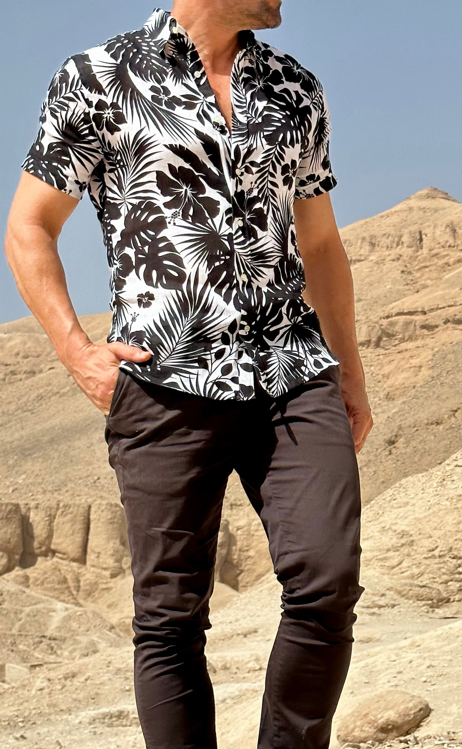 Linen Floral Party Shirt - Black Flowers on White