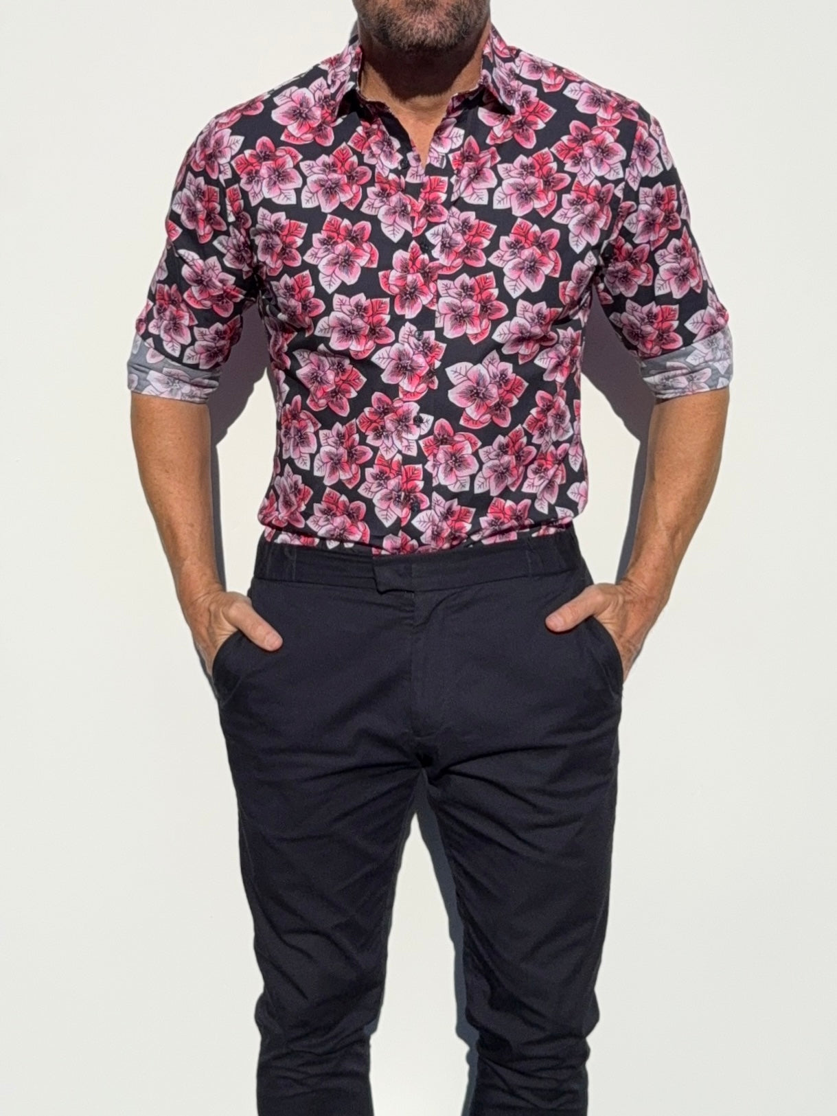 Pink Flowers Party Shirt - Red on Navy