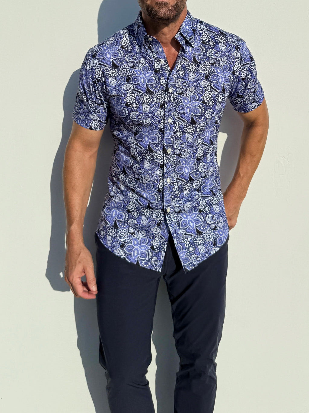 Blue Paisley Floral on Cotton - Blue on Blue