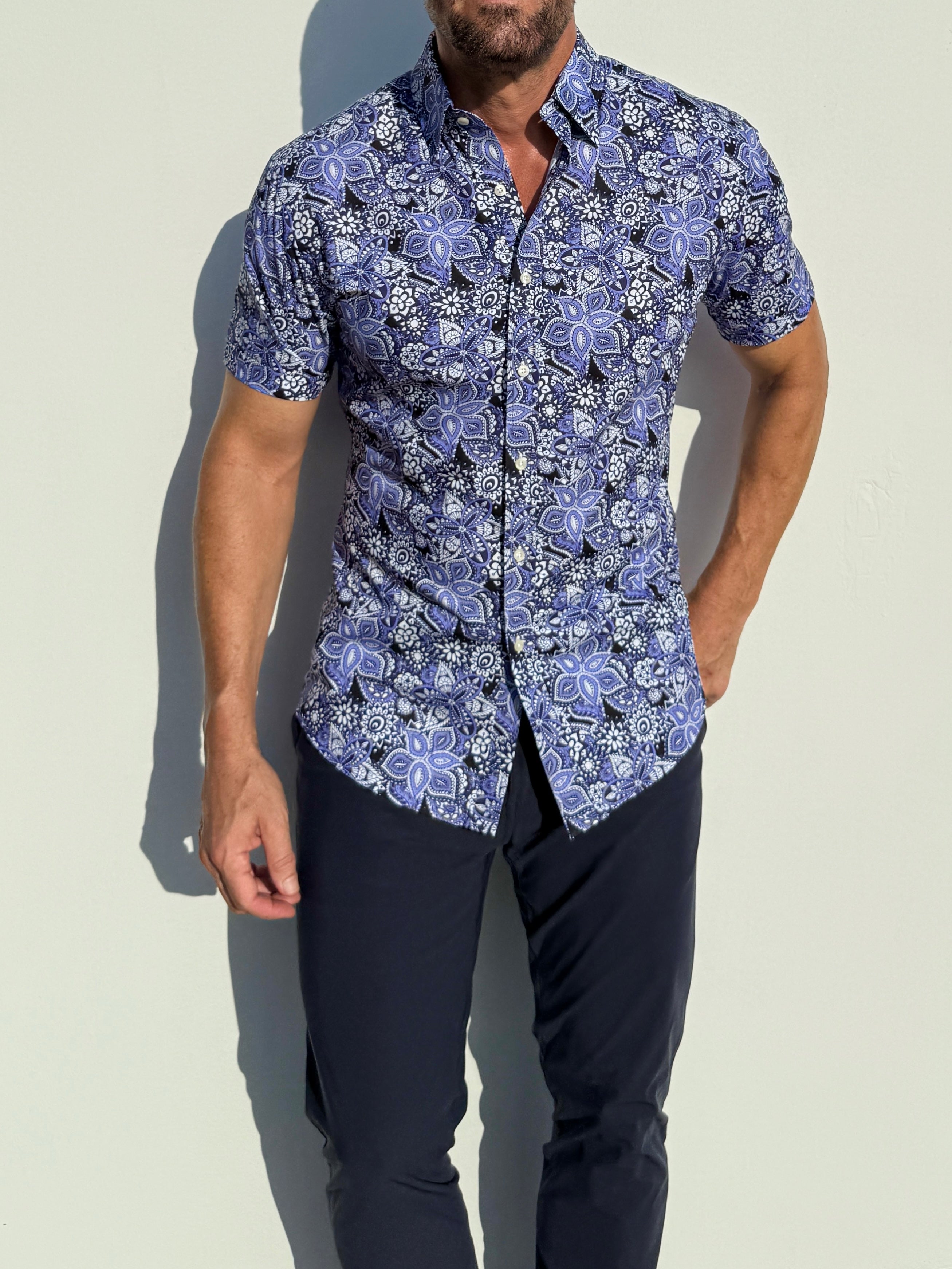 Blue Paisley Floral on Cotton - Blue on Blue