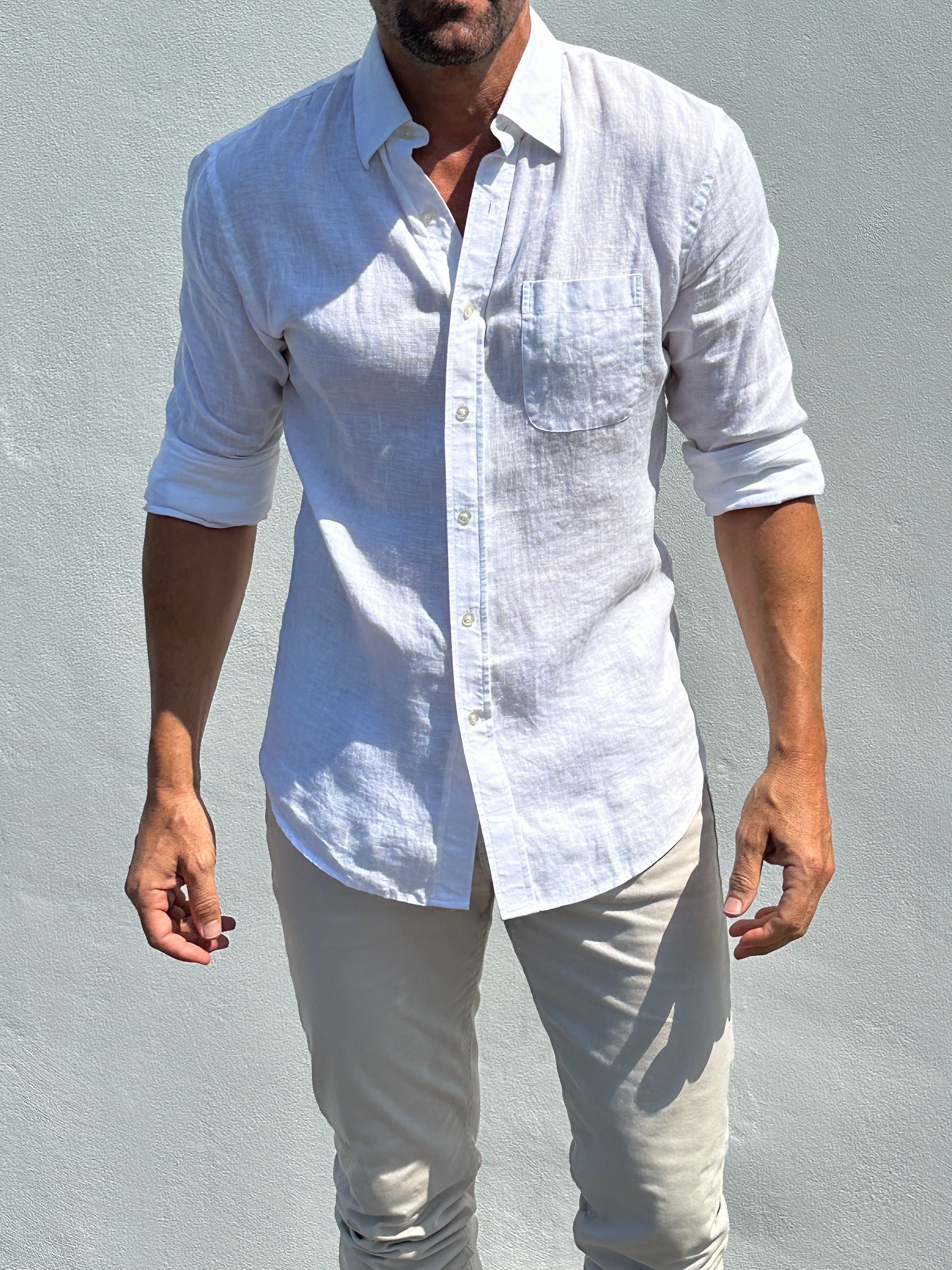 Long Sleeve 1-Pocket Linen - White