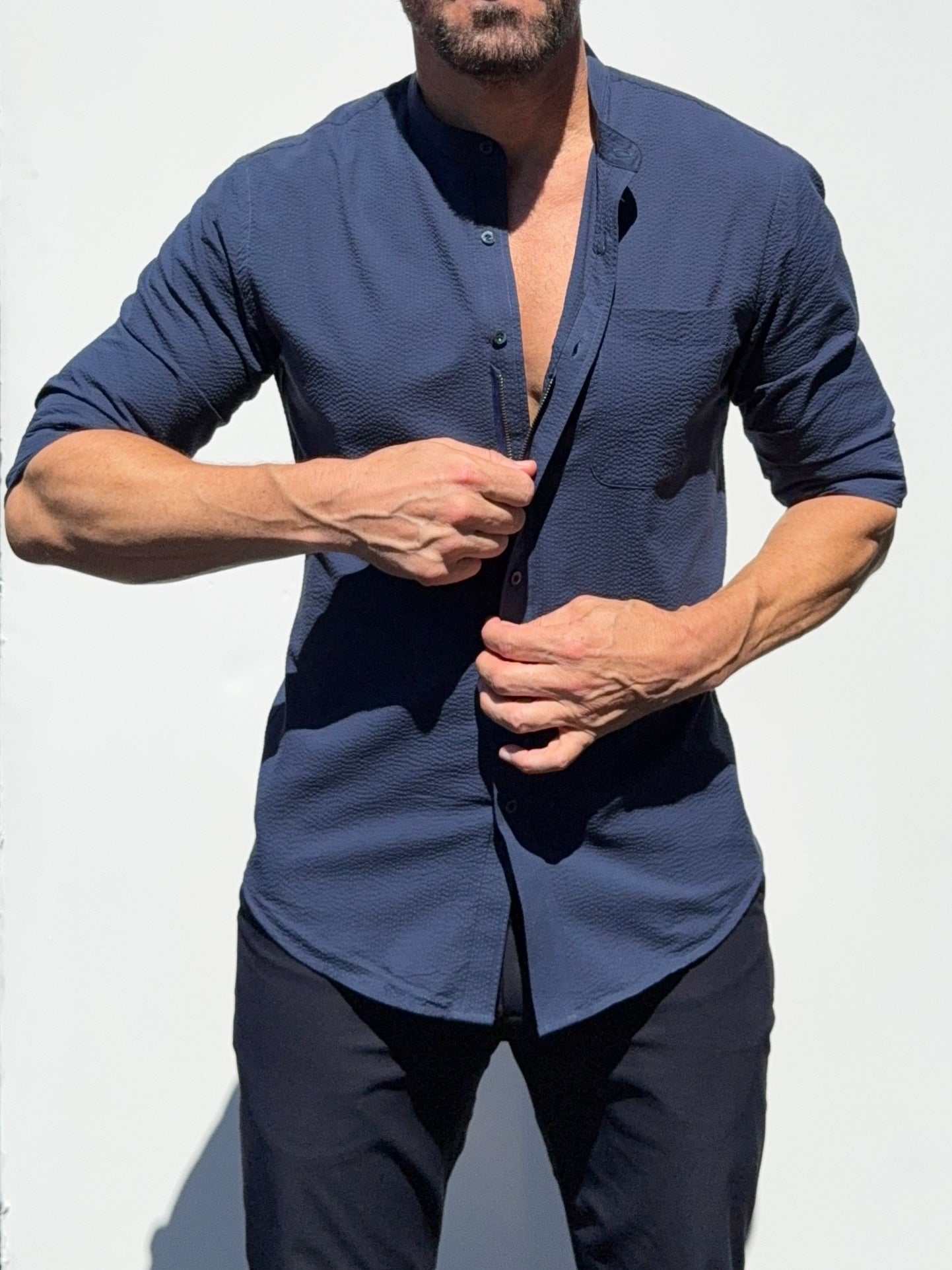 Band Collar Seersucker - Navy- Small Batch #689