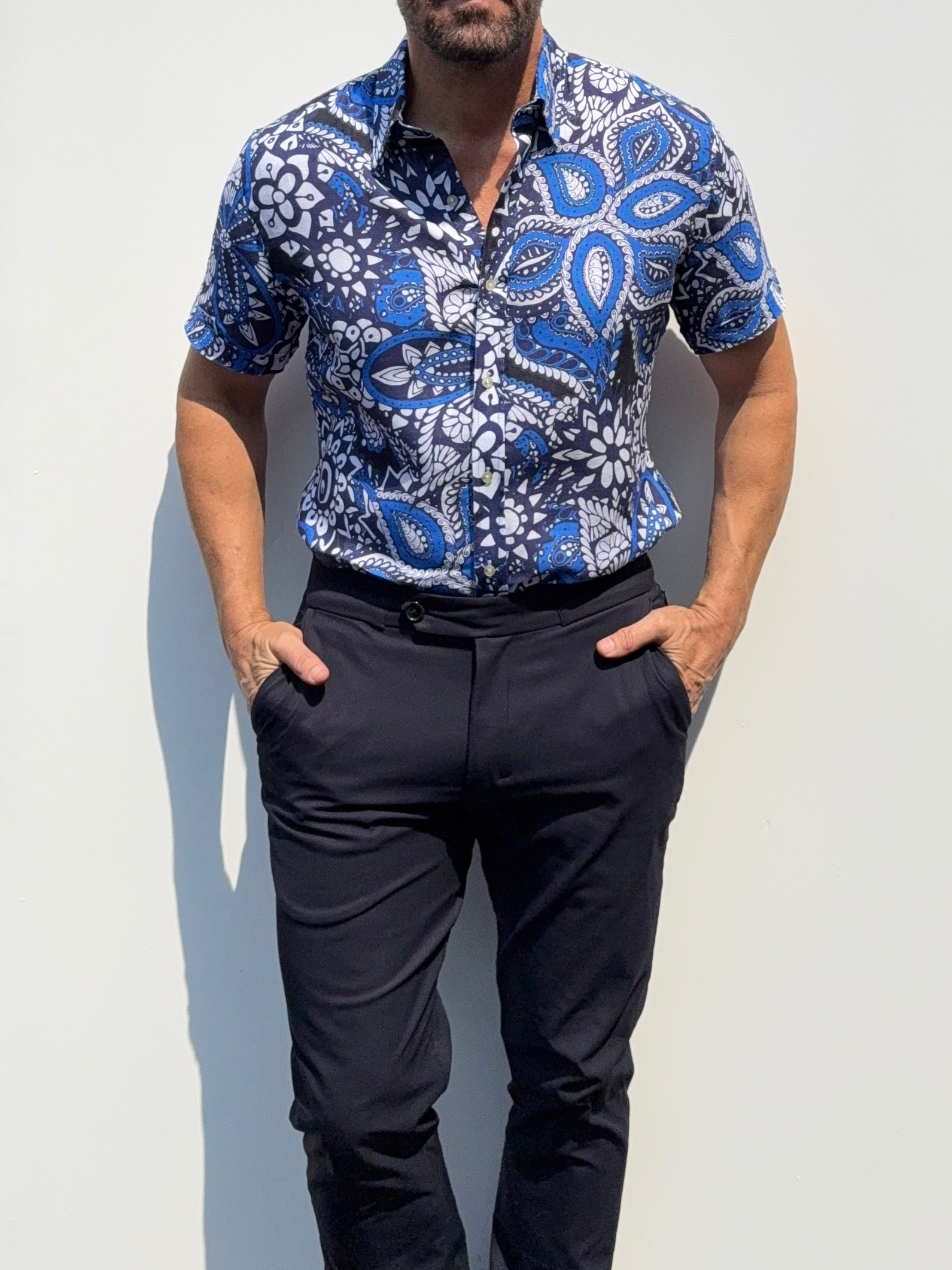Blue Paisley Party Shirt on Linen- Small Batch #686