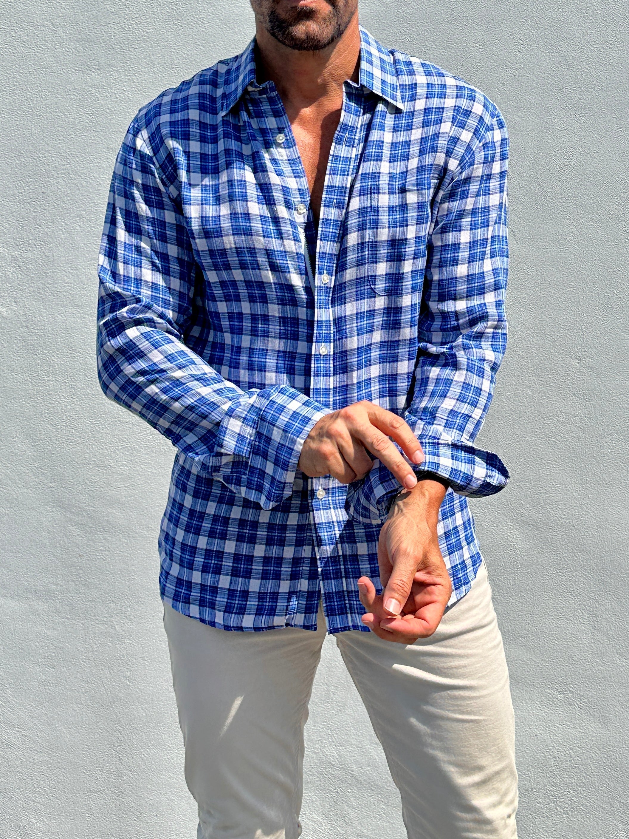 Plaid Linen - White & Blue Plaid Linen