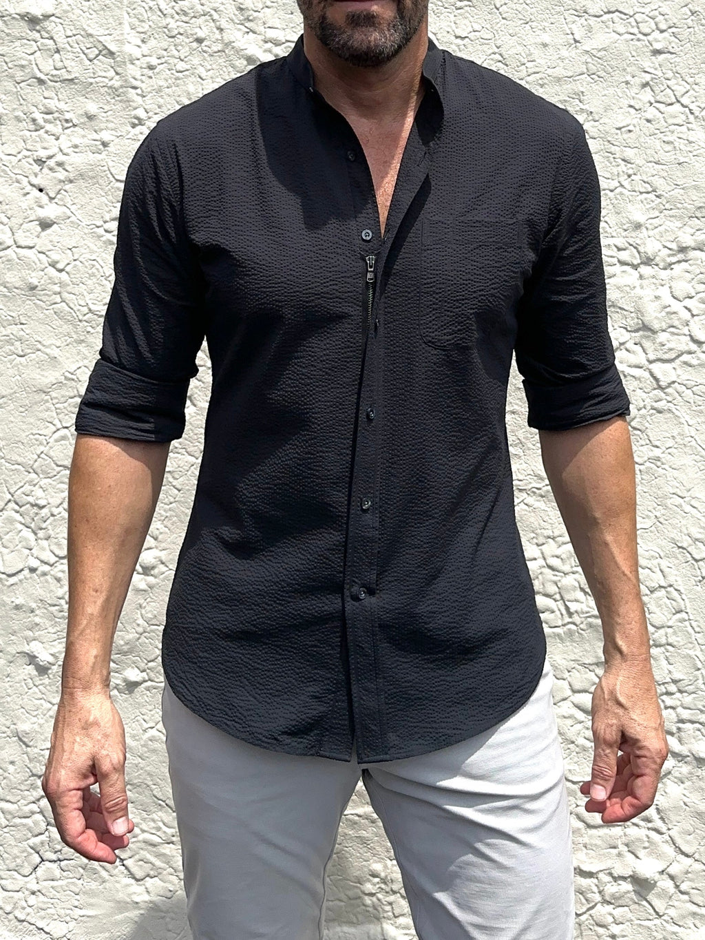 Band Collar Solid Seersucker - Black Band Collar Seersucker