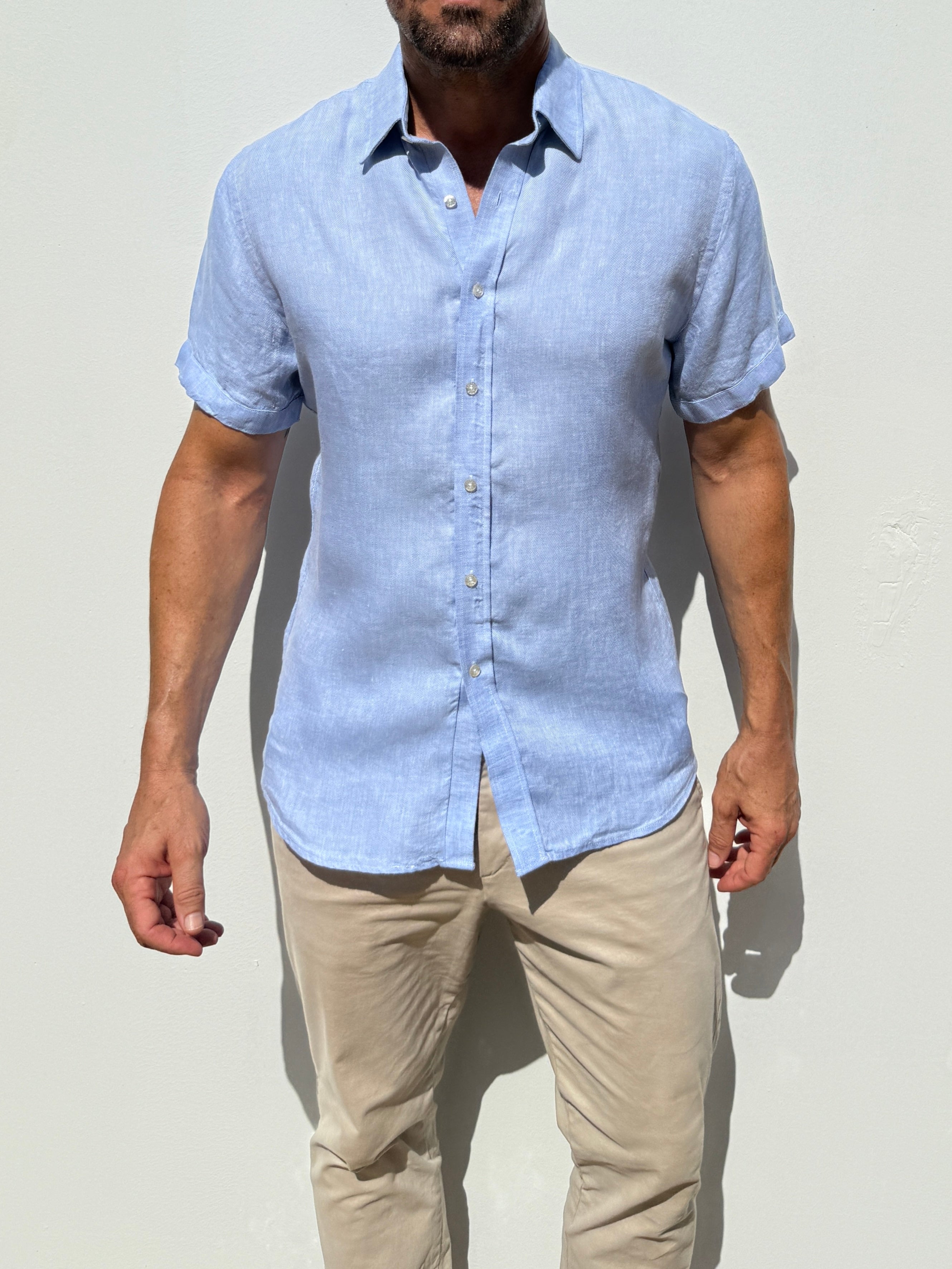 Short Sleeve Robust Linen - Light Blue