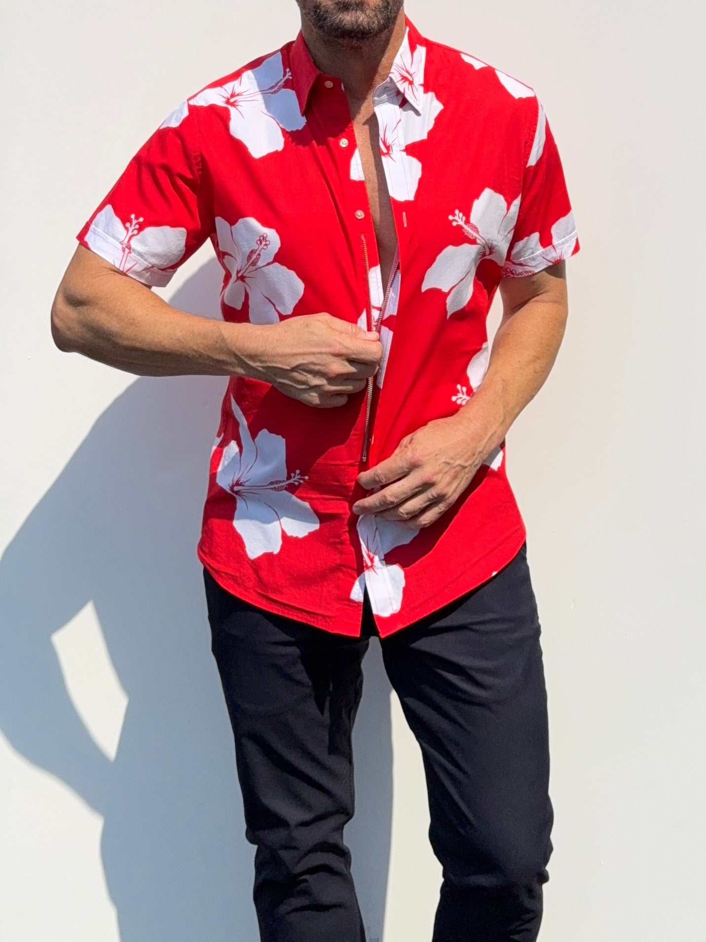 White Flowers on Red Party Shirt in Cotton