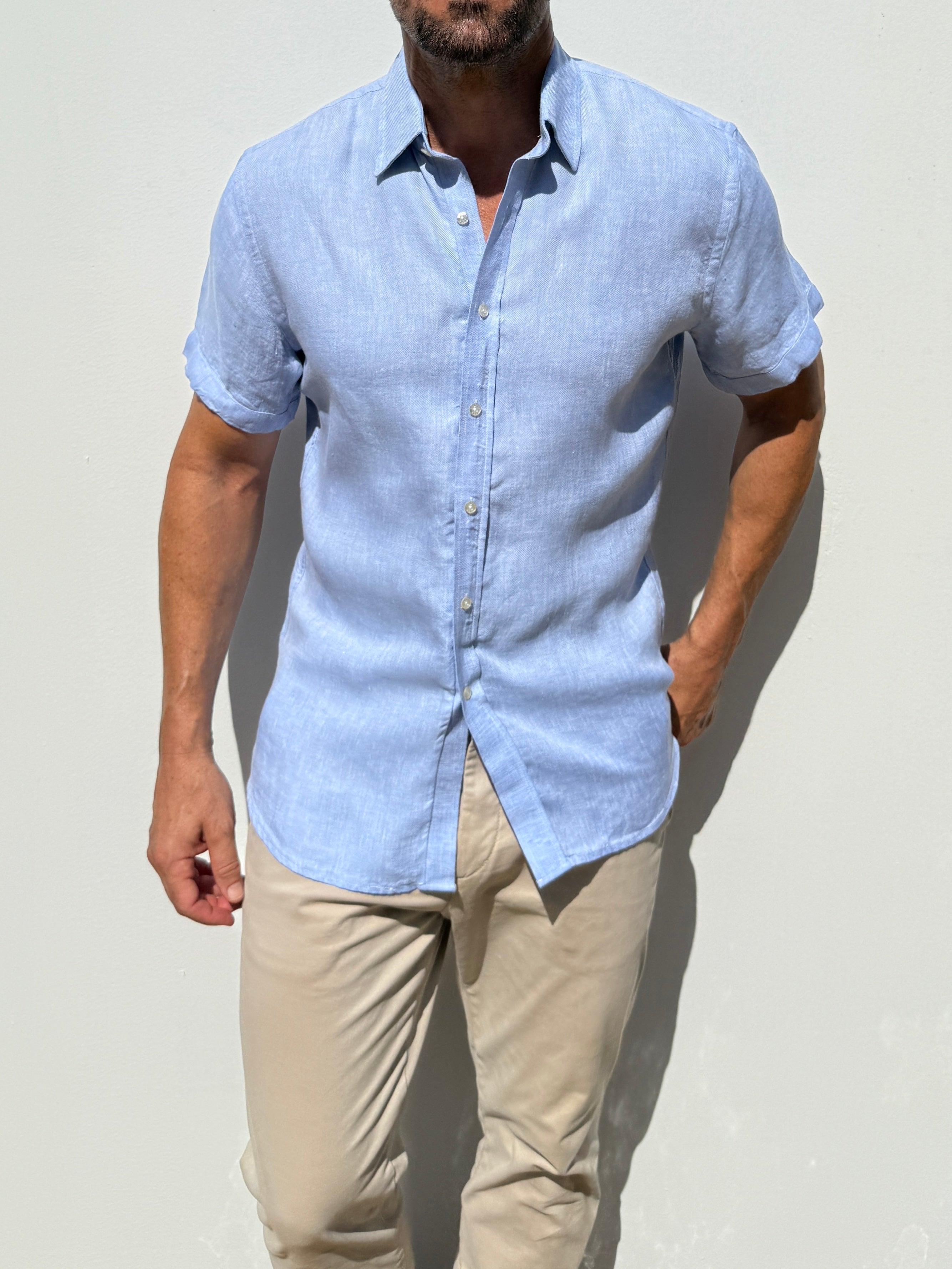 Short Sleeve Robust Linen - Light Blue