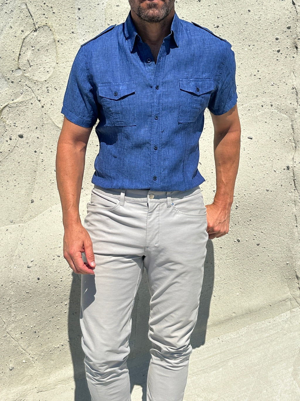 Short Sleeve Linen Raider Shirt - Small Batch Series - Royal Blue Linen