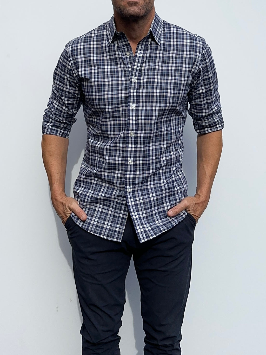 Navy & Gray Plaid Broadcloth - White & Blue Plaid