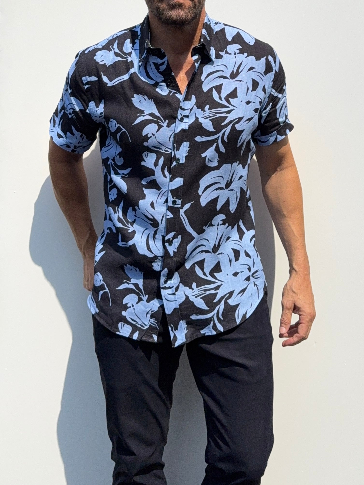 Abstract Flowers Party Shirt on Linen- Small Batch #683