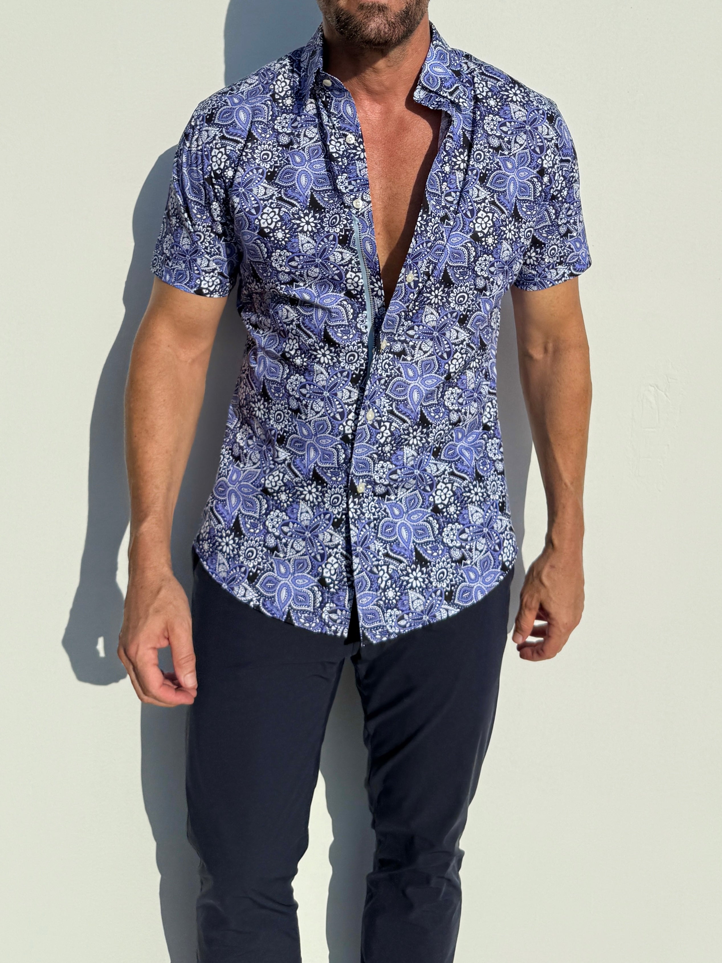 Blue Paisley Floral on Cotton - Blue on Blue