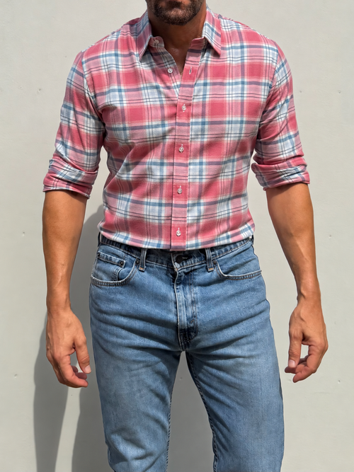 Plaid Dress Flannel - Coral & Blue