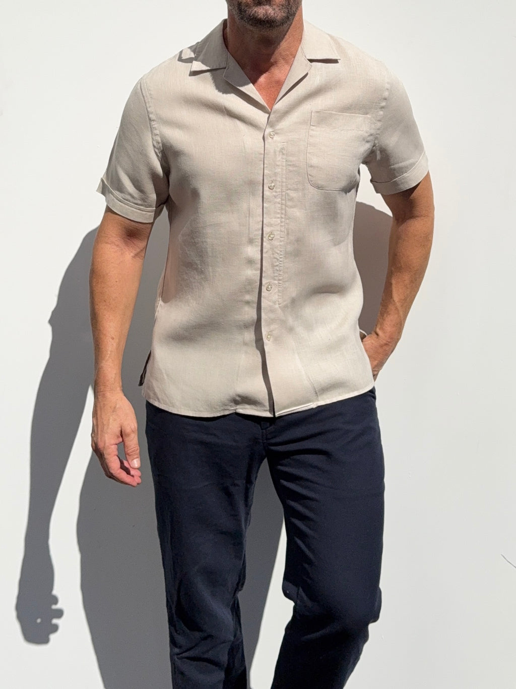 Linen Camp Collar Shirt - Stone- Small Batch #680