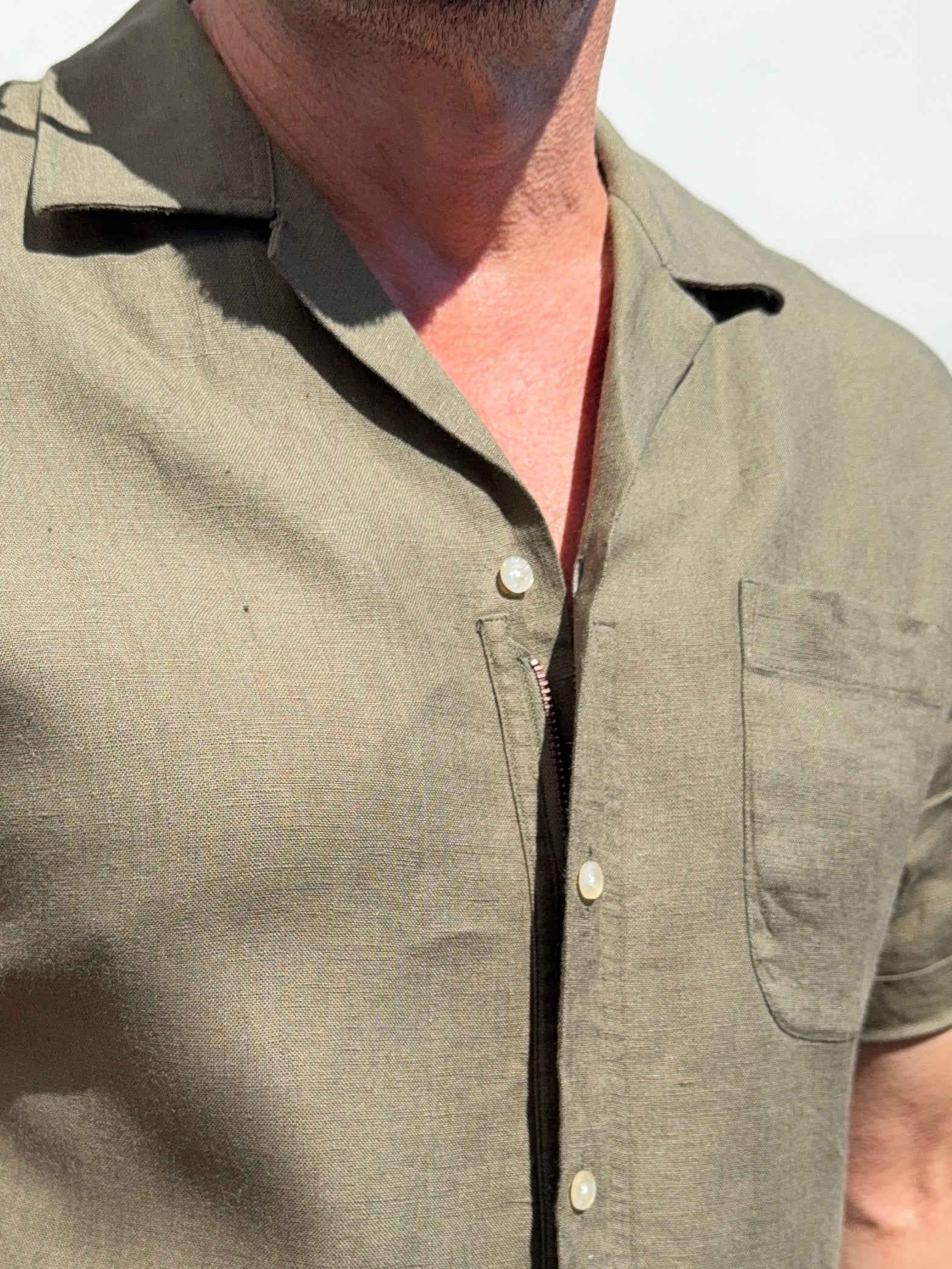 Linen Camp Collar Shirt - Army Green- Small Batch #678