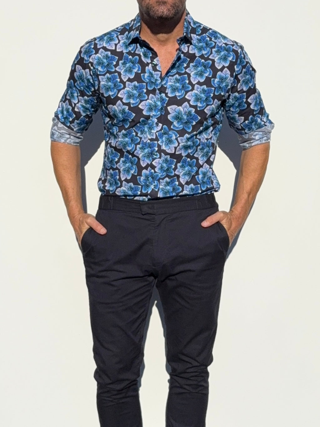 Blue Flowers Party Shirt - Blue on Navy