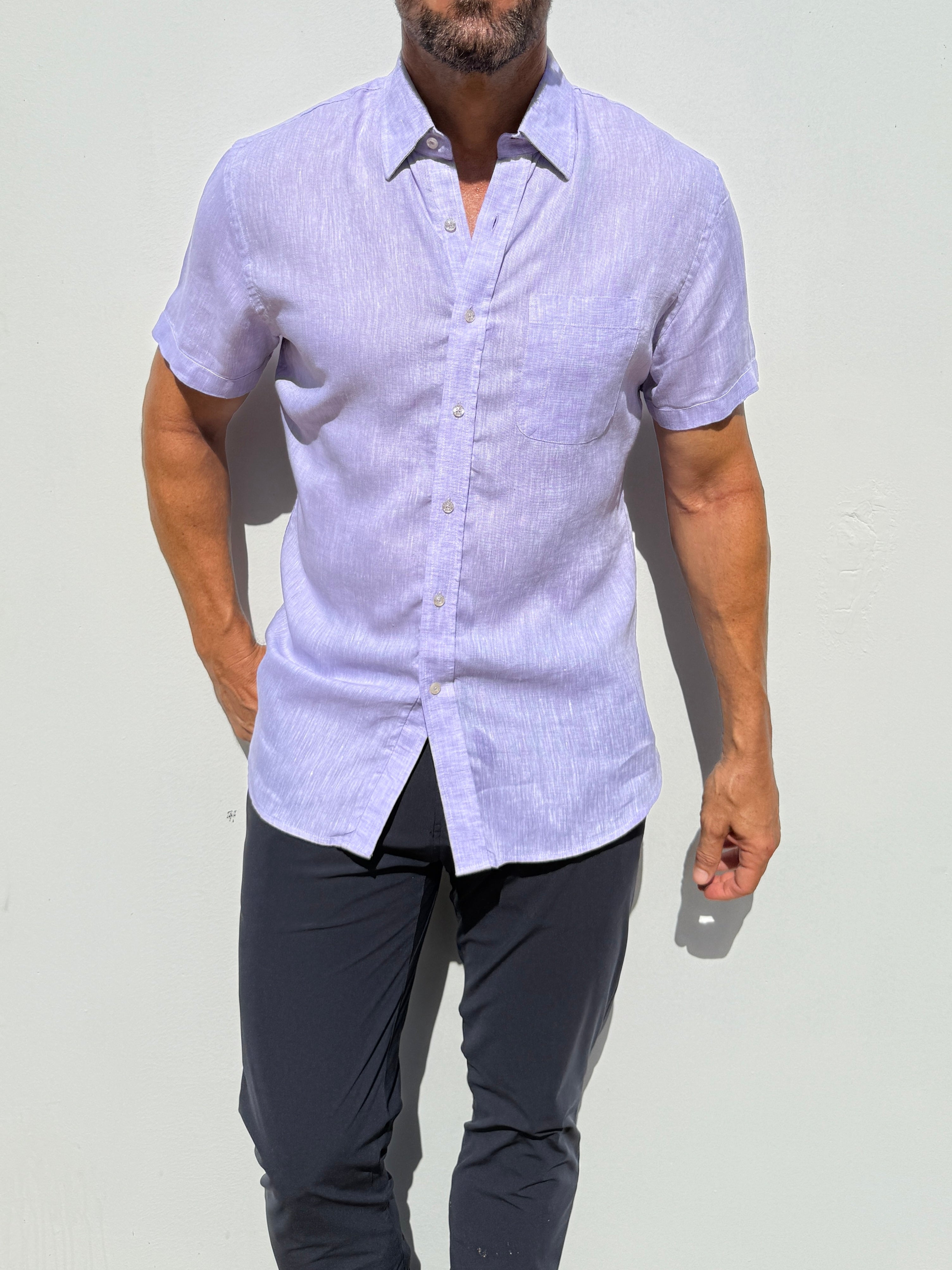 Short Sleeve 1-Pocket Linen Shirt - Lavender