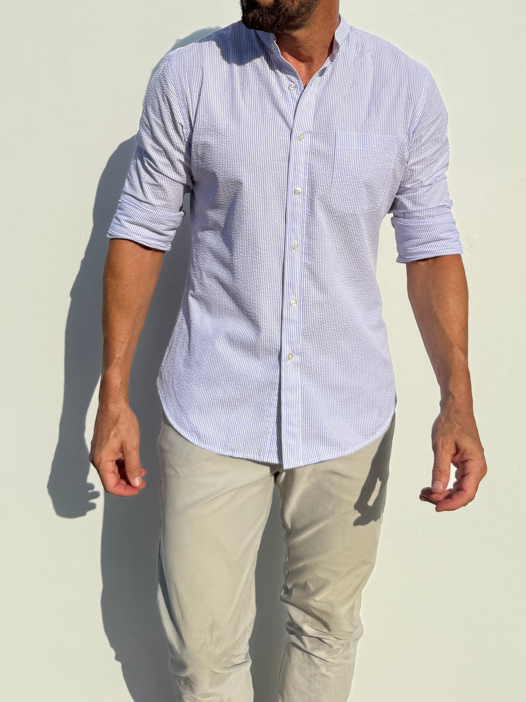 Band Collar Striped Seersucker - Lavender Stripe Seersucker Band Collar