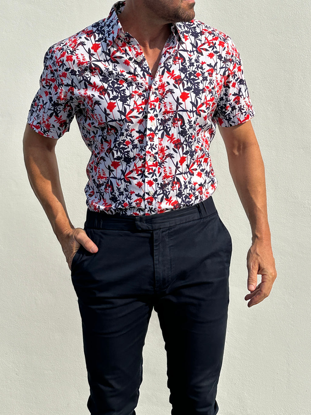 Bamboo Print on Cotton - Red & Navy
