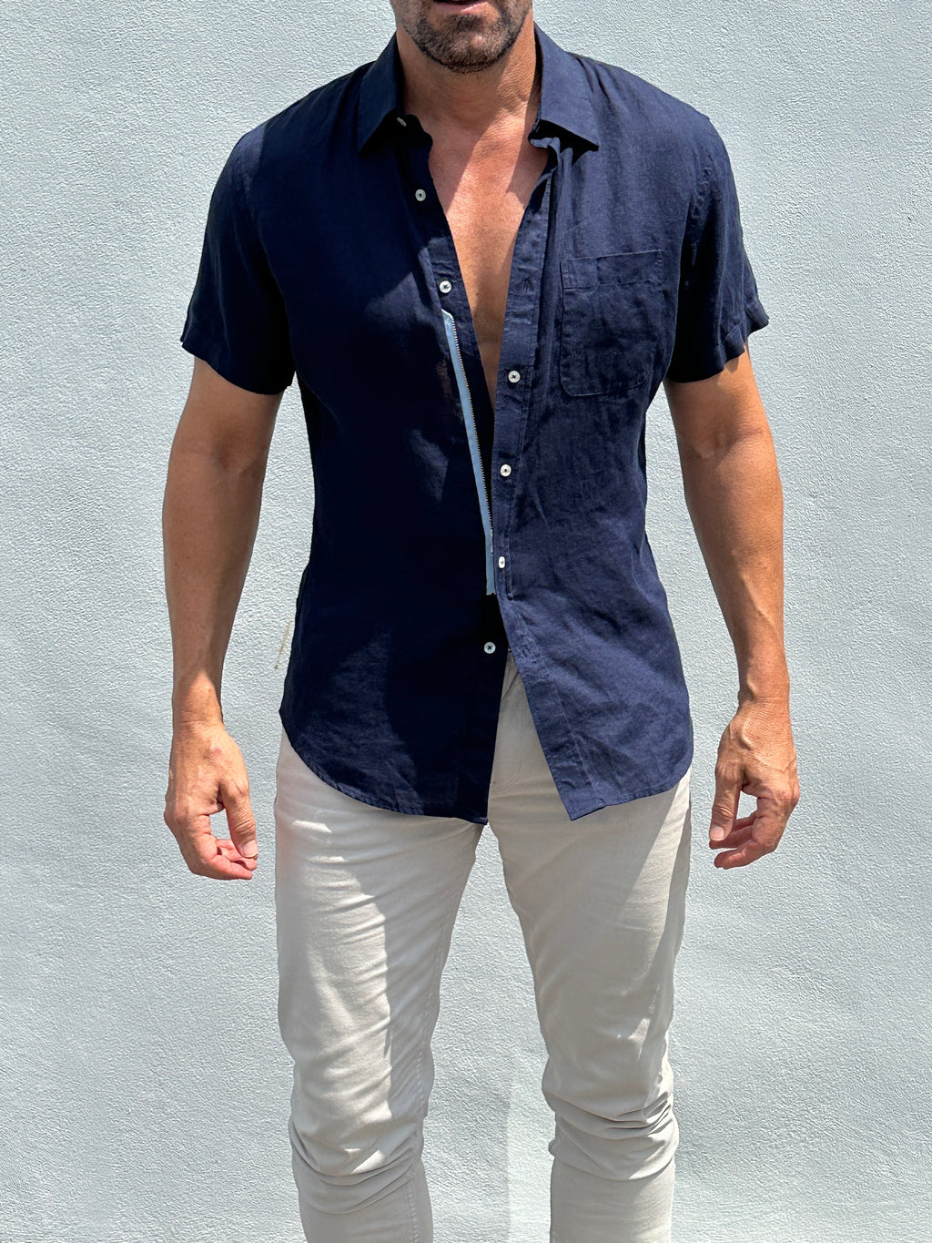 Short Sleeve 1-Pocket Linen Shirt - Navy
