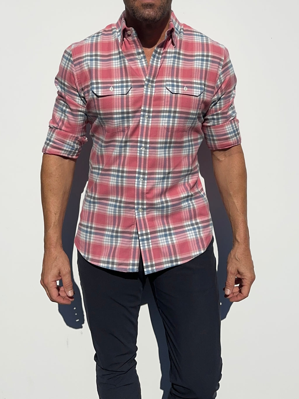 Coral, White & Blue Utility Flannel - Coral White & Blue Flannel