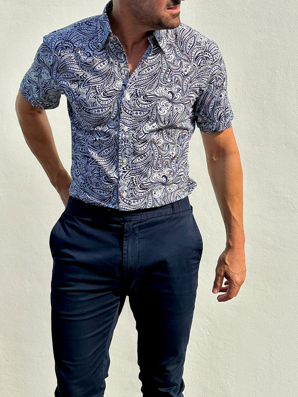 Short Sleeve Paisley Party Shirts - Navy