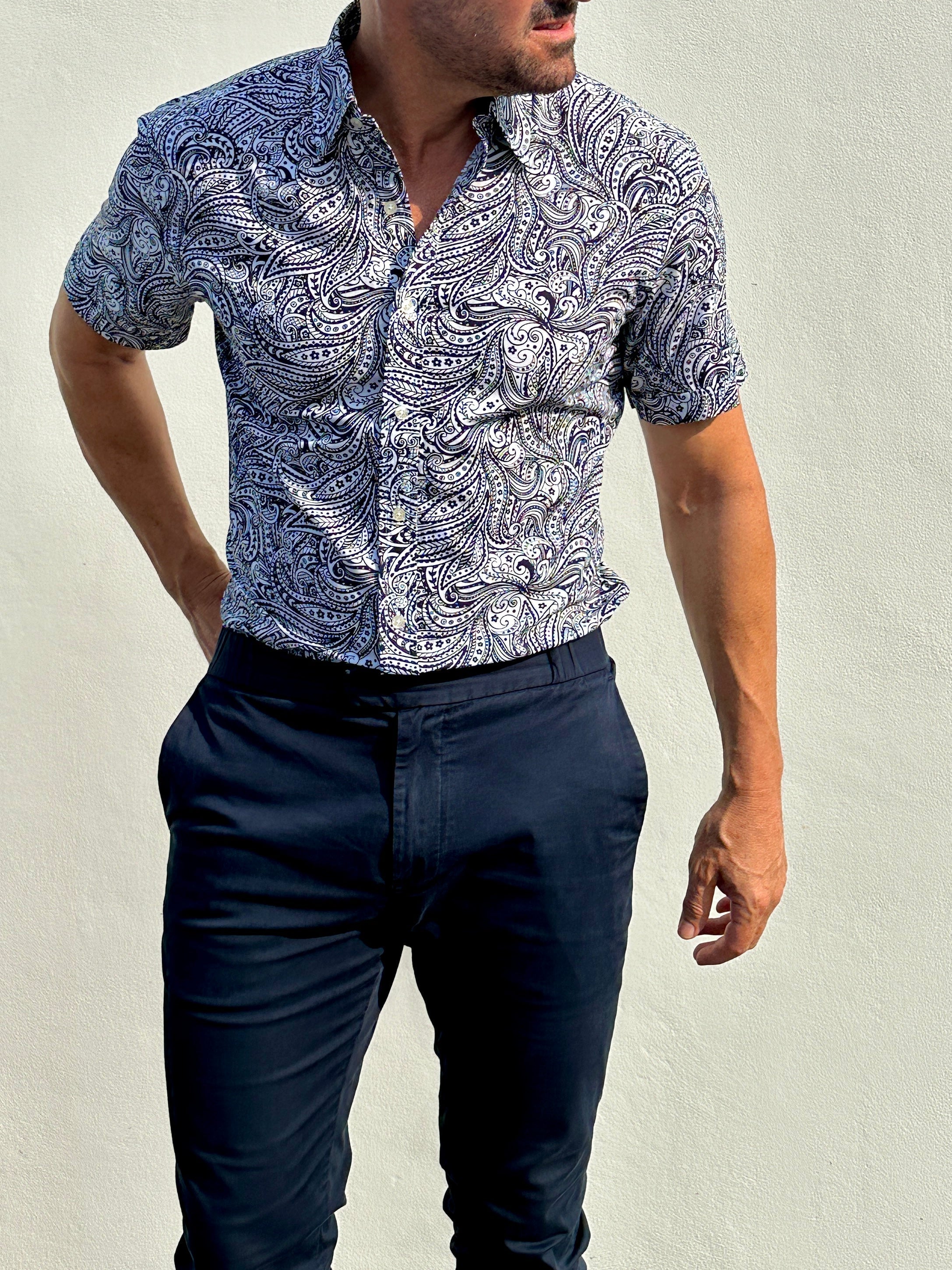 Short Sleeve Paisley Party Shirts - Navy
