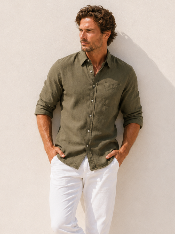 Long Sleeve 1-Pocket Robust Linen - Khaki Green