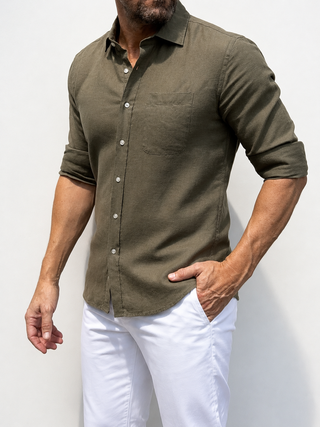 Long Sleeve 1-Pocket Robust Linen - Khaki Green