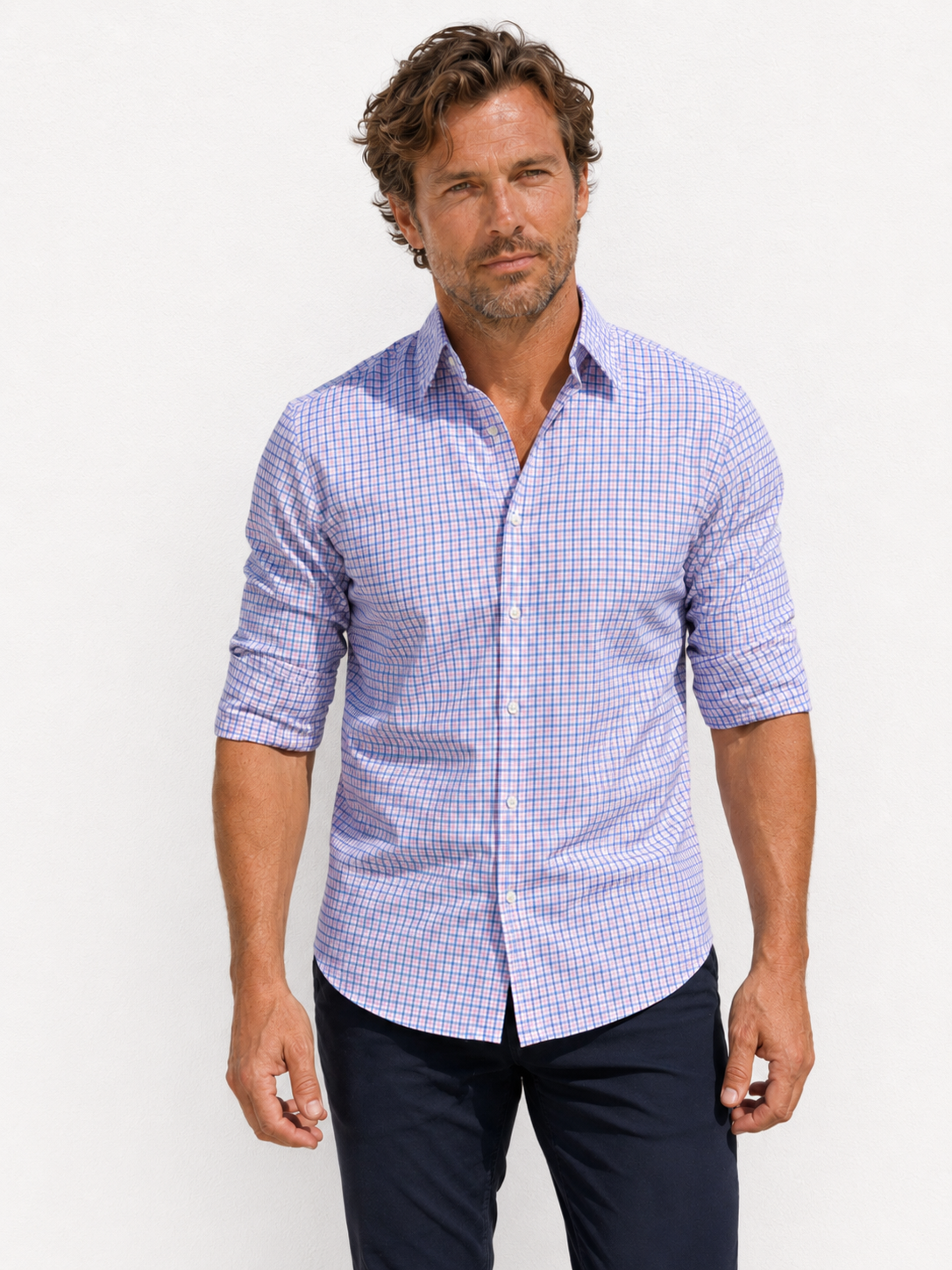 Wrinkle Resistant Plaid Oxford - Pink & Blue