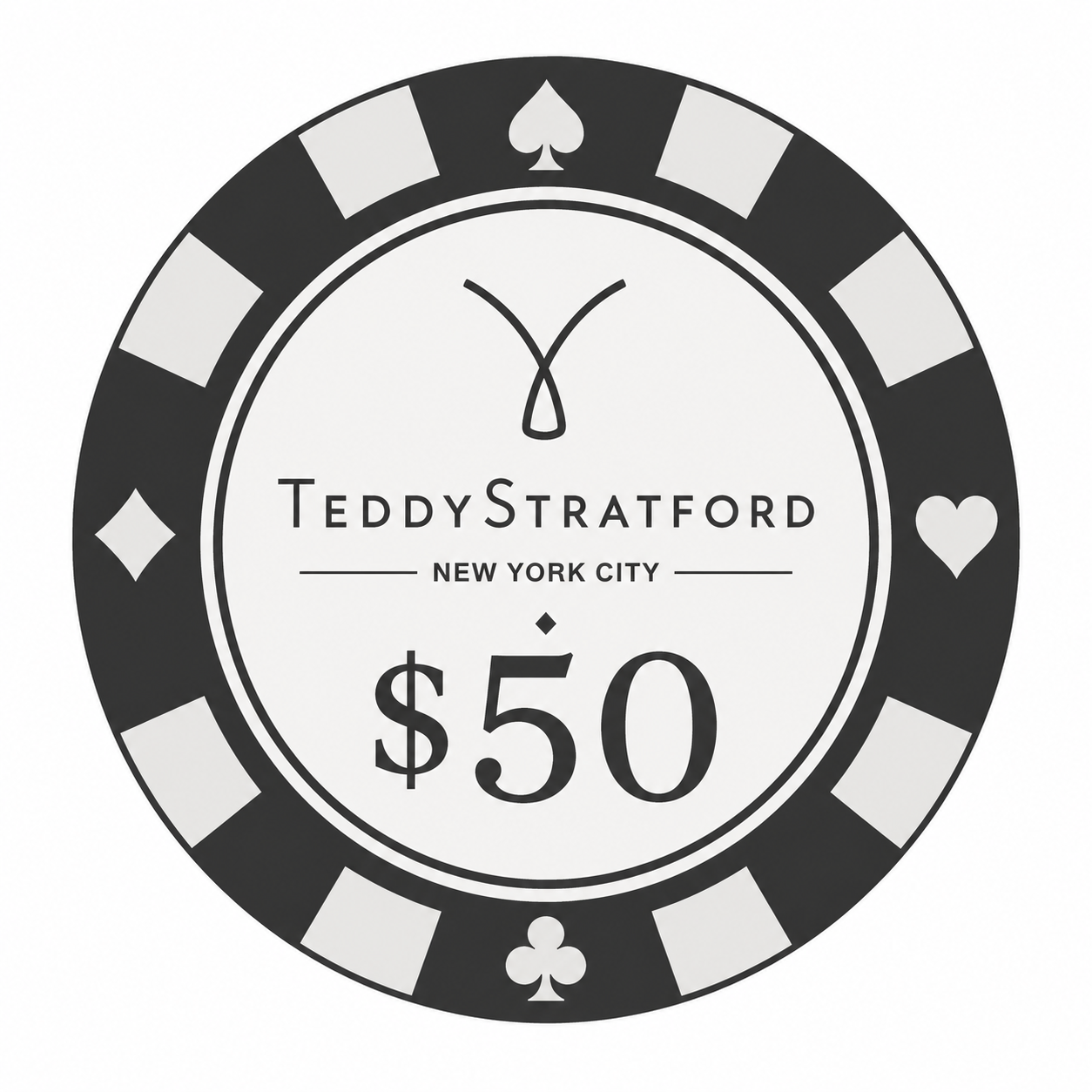 A circular novelty $50 casino-style chip graphic with the brand name TEDDYSTRATFORD and New York City printed in the center, shown on a plain white background.