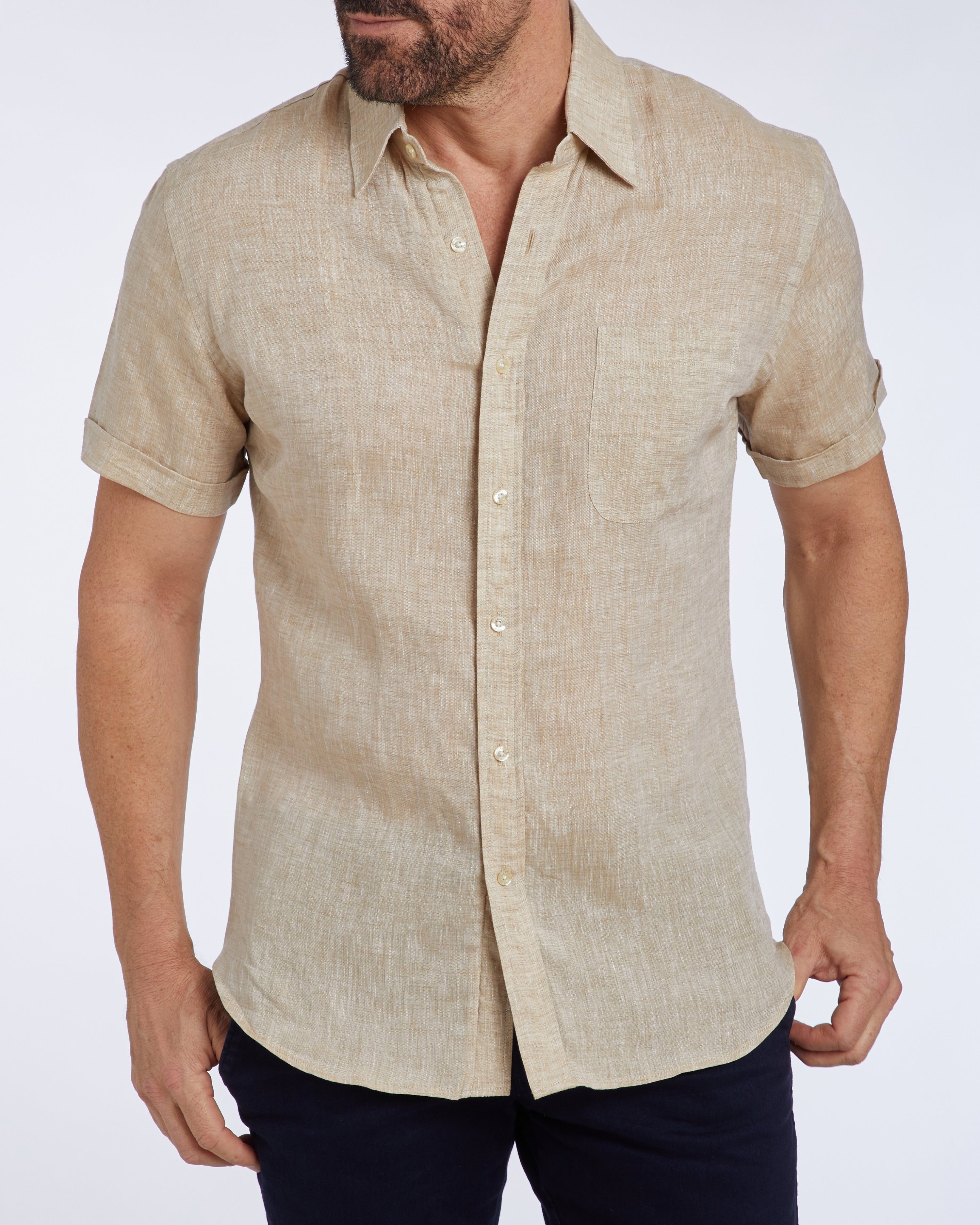 Short Sleeve 1-Pocket Linen - Tan Khaki
