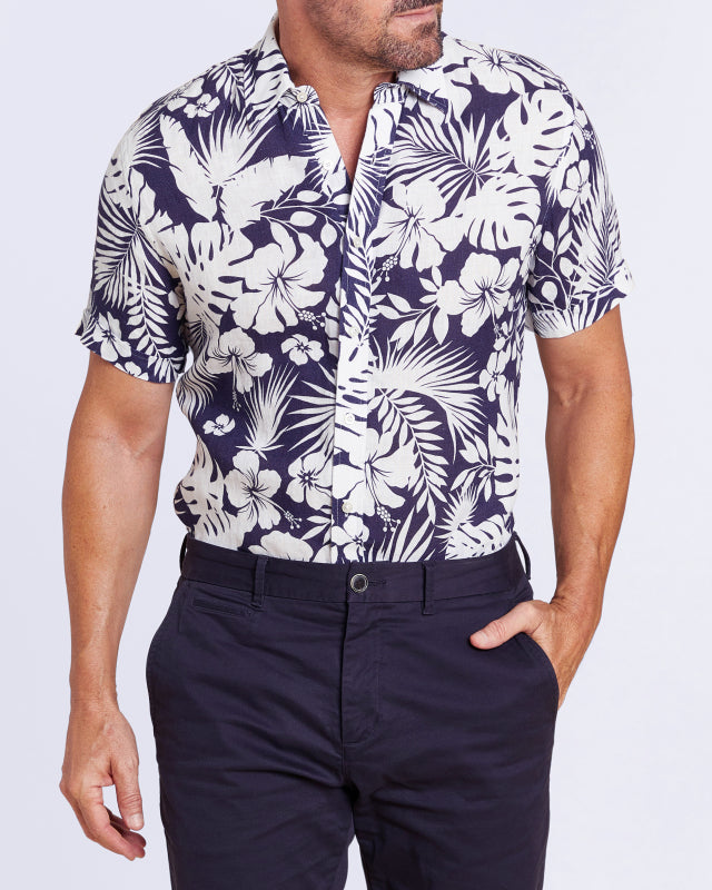 Linen Floral Party Shirt - White Flowers on Blue