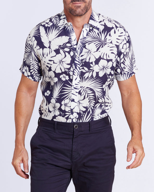 Linen Floral Party Shirt - White Flowers on Blue