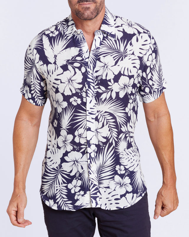 Linen Floral Party Shirt - White Flowers on Blue