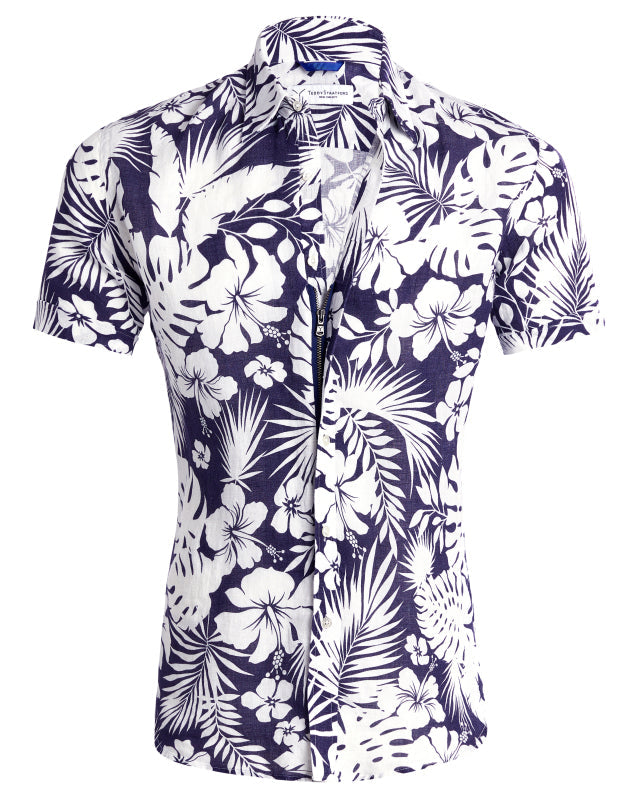 Linen Floral Party Shirt - White Flowers on Blue