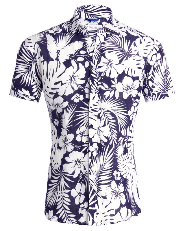 Linen Floral Party Shirt - White Flowers on Blue