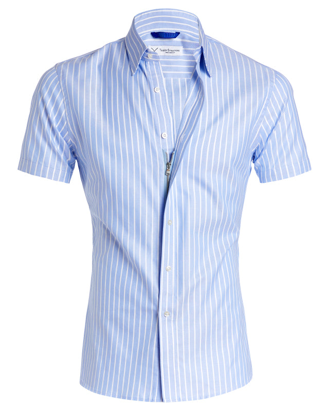 Short Sleeve Striped Oxford - Light Blue White Stripe