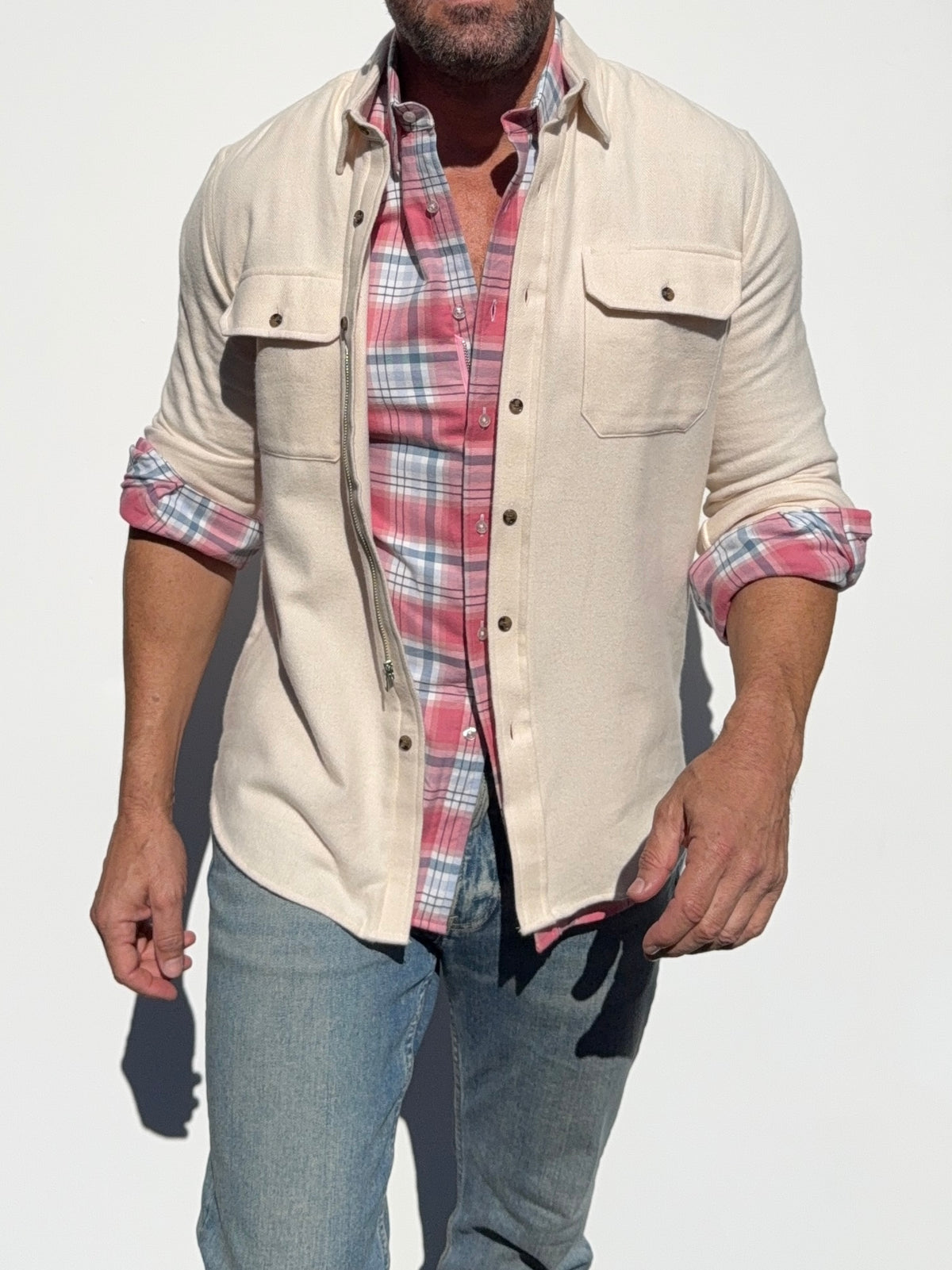 The Two-Pocket Robust Flannel - Ivory Herringbone