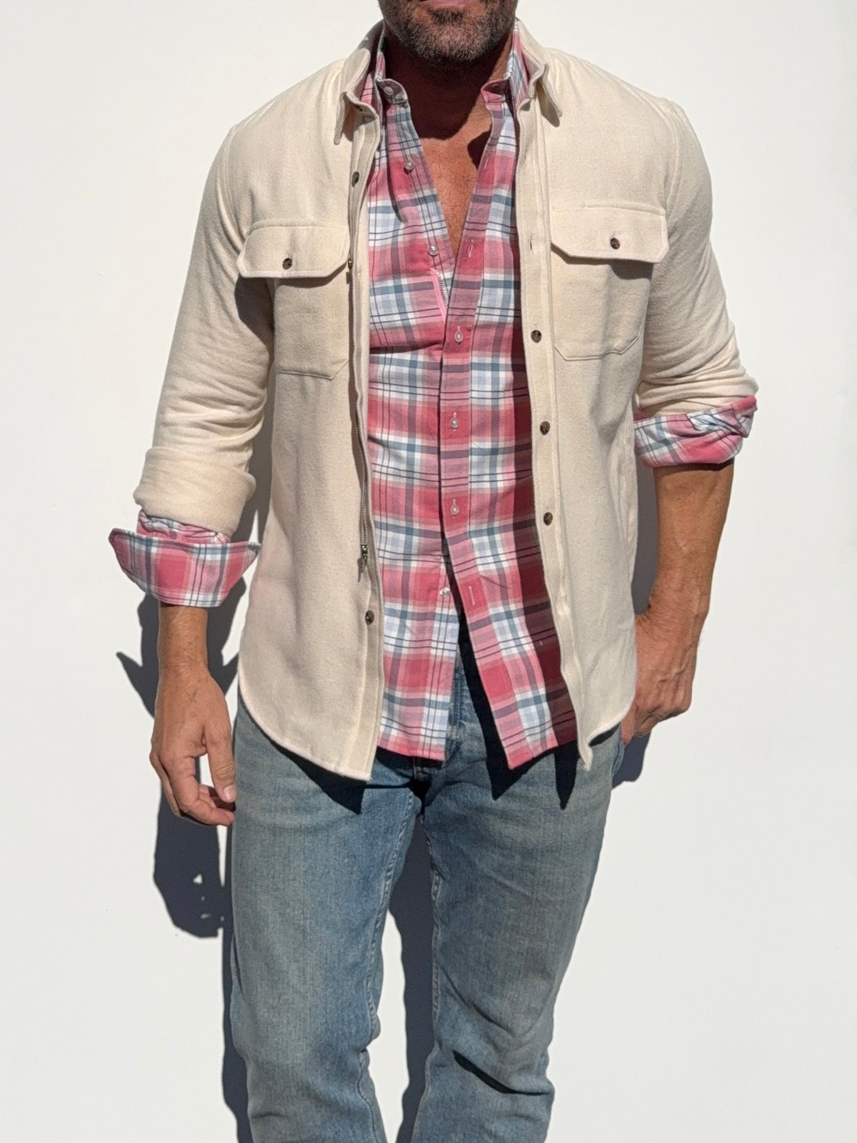 The Two-Pocket Robust Flannel - Ivory Herringbone