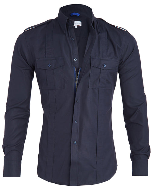 Navy blue shirt with shoulder epaulets on a white background